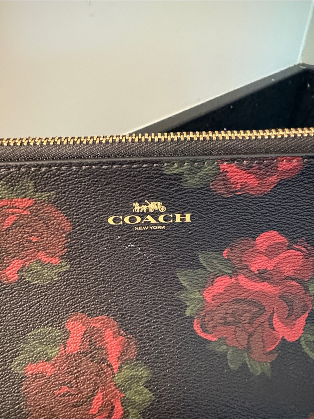 *COACH Black Rose Print Zip Cosmetic Ditty Pouch Bag Clutch Shabby Chic Goth - Picture 4 of 16